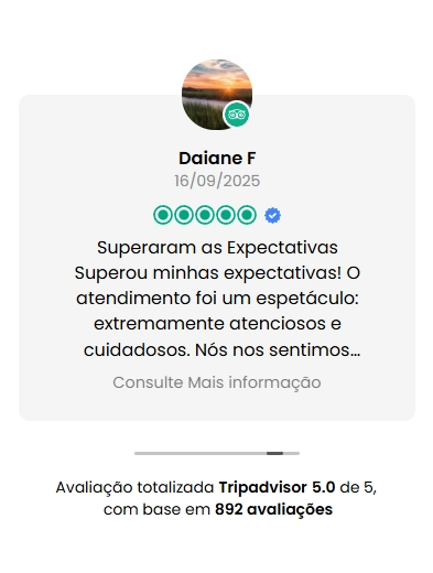 Avaliação 5.0 no TripAdvisor de Daiane F — Superaram as Expectativas. Avaliação totalizada 5.0 com base em 892 avaliações.