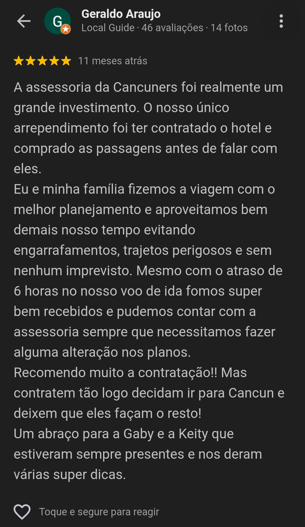 Avaliação 5 estrelas no Google de Geraldo Araujo — A assessoria da Cancuners foi realmente um grande investimento.