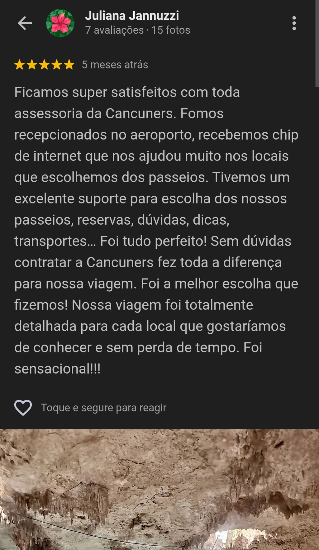Avaliação 5 estrelas no Google de Juliana Jannuzzi — Ficamos super satisfeitos com toda assessoria da Cancuners. Foi tudo perfeito!