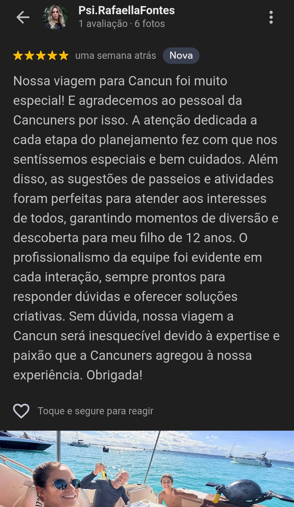 Avaliação 5 estrelas no Google de Rafaella Fontes — Nossa viagem para Cancun foi muito especial. Profissionalismo evidente em cada interação.